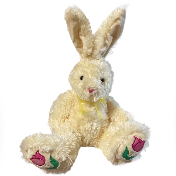 Bunny Plush Yellow Rabbit Stuffed Animal Easter Toy Bendable Ears Floral Paws - Picture 1 of 12